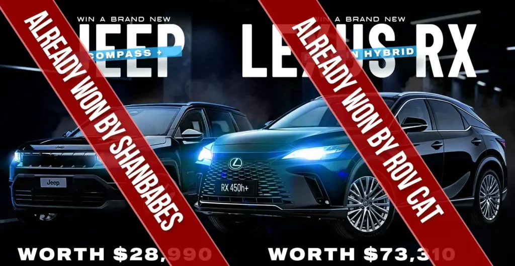 Win a car winners SHANBABES and Rov Cat with Jeep Compass and Lexus RX Plug-In Hybrid prizes